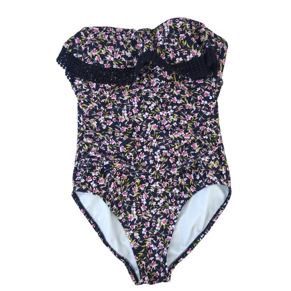 Kona Sol One Piece Swimsuit Small Floral Ditzy Cottagecore Black Pink, Ruffle